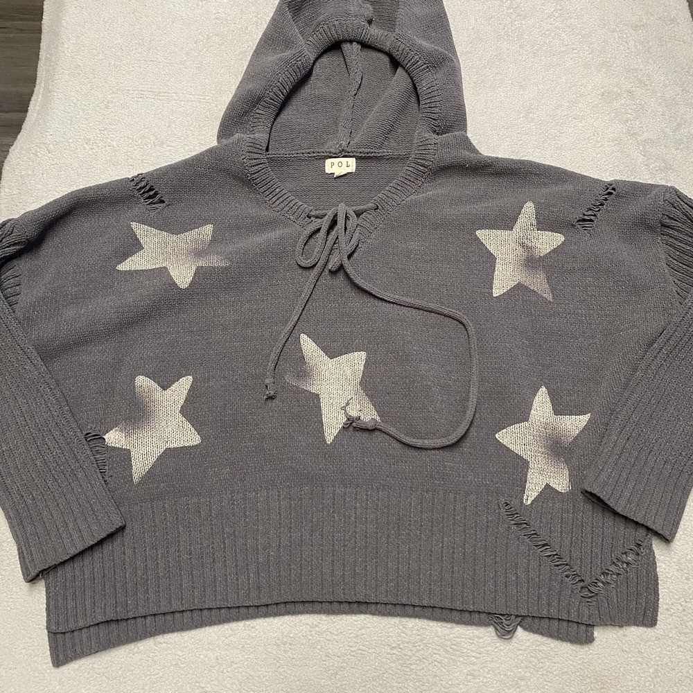 POL Star Hoodie Small Gray Distressed Oversize Pullover Chenille